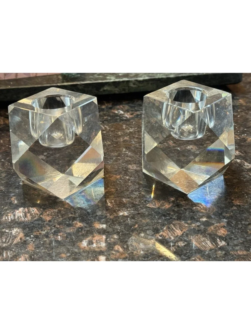 Vintage MCM Cut Crystal Taper Candle Holders Pair – 6‑Point Geometric Prism